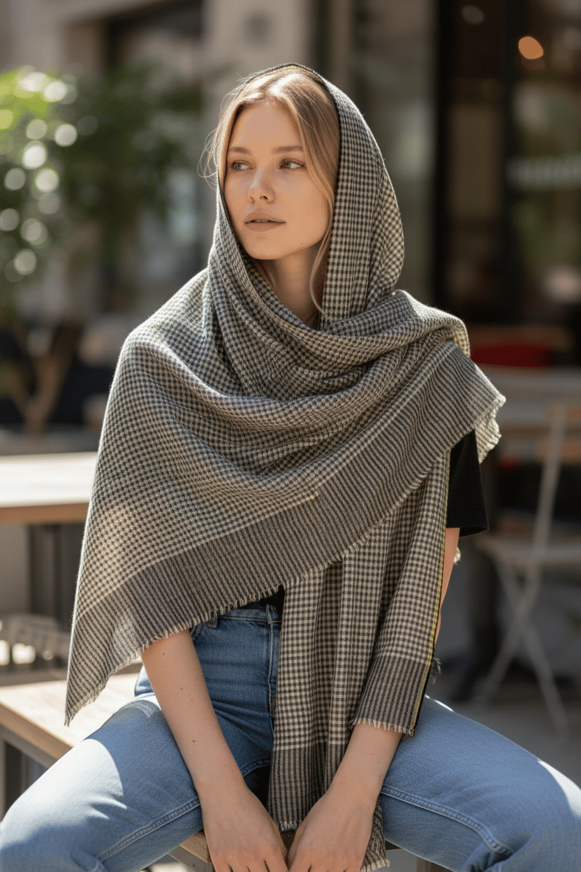 Small Black/White Check Wool Scarf